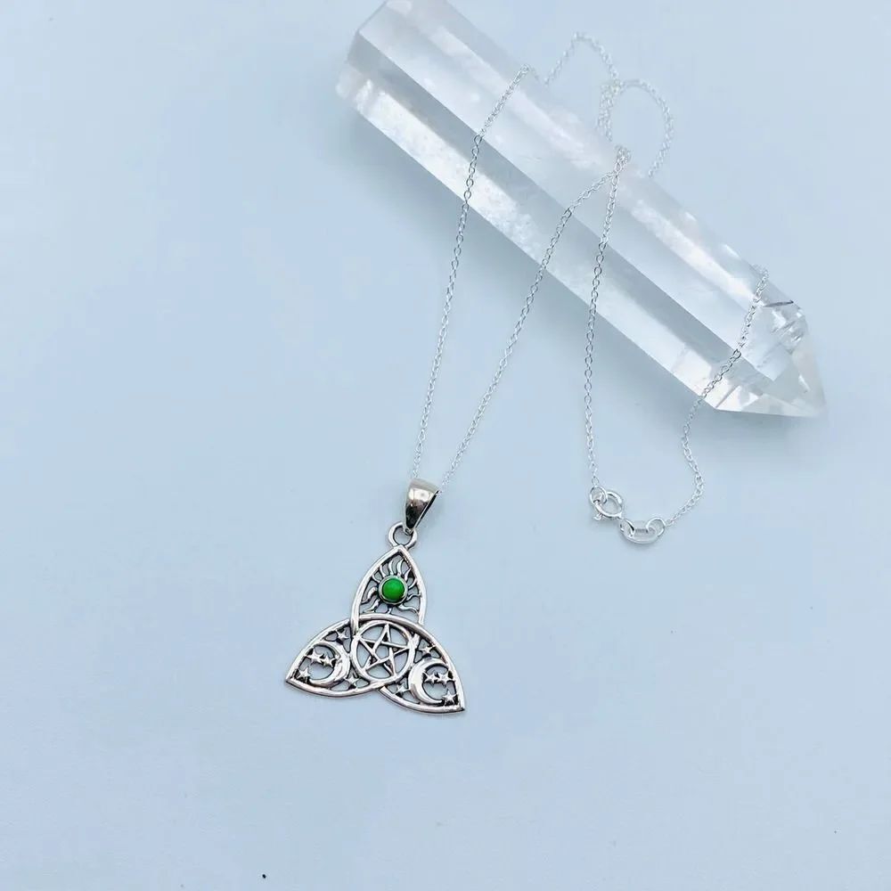 Green Mohave Turquoise Celtic  Sun Moon & Star Sterling Silver Necklace